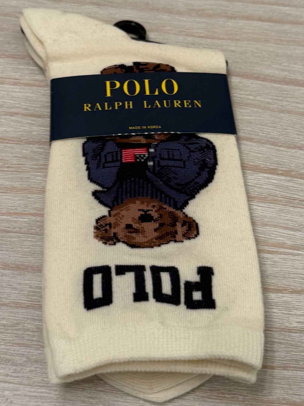 Polo by Ralph Lauren Cream Crew Socks with Navy & Brown Bear